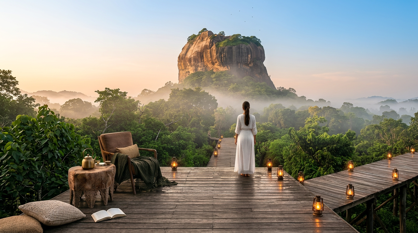 Misty Sri Lankan landscape with mountains and lake